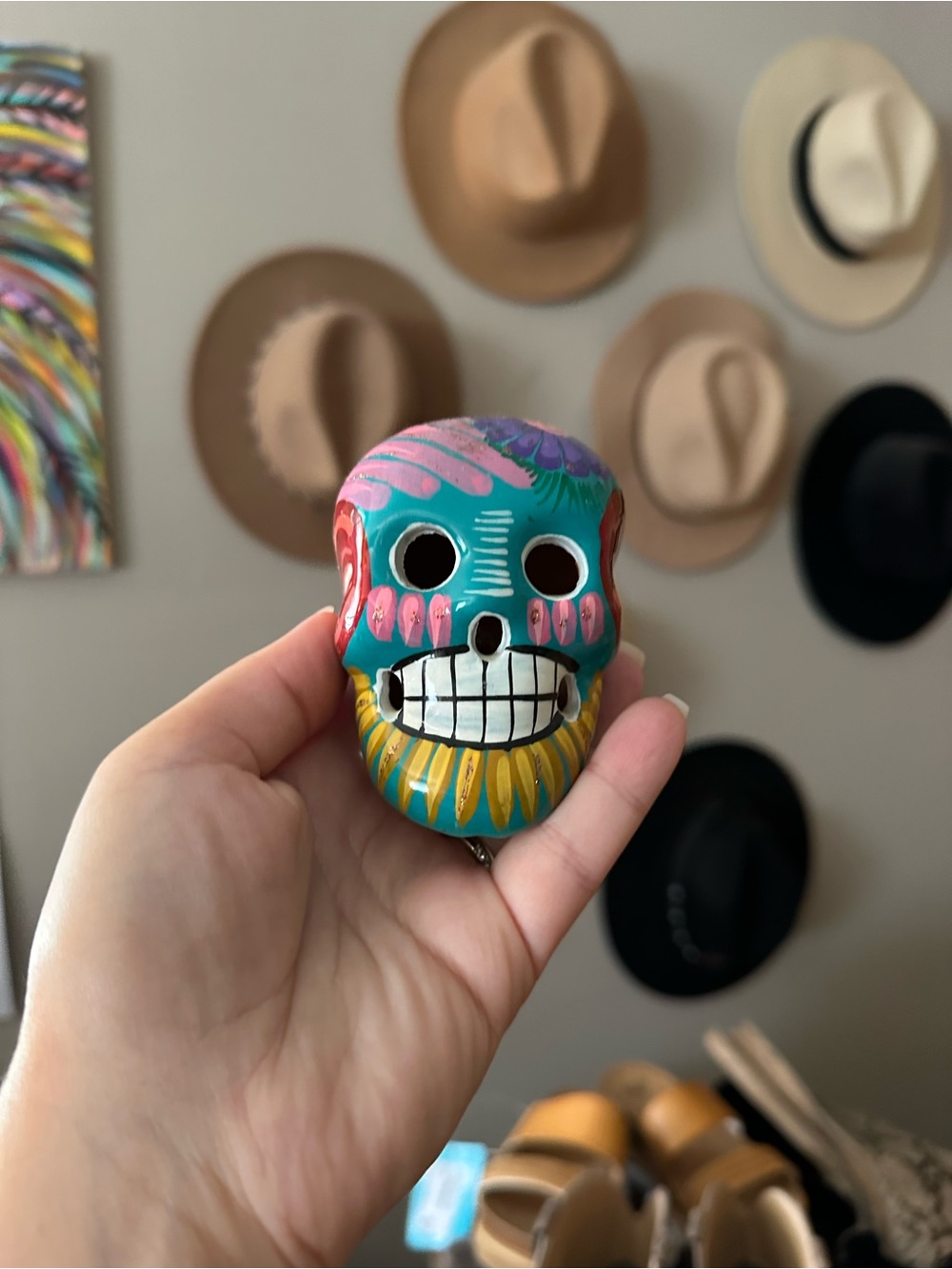 Hand-Painted Turquoise Day of the Dead Skull Sculpture - Home Art